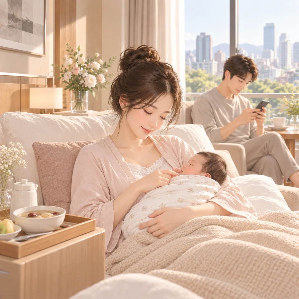 信義區月子中心房內的產後媽媽與家人安排日常生活動線
